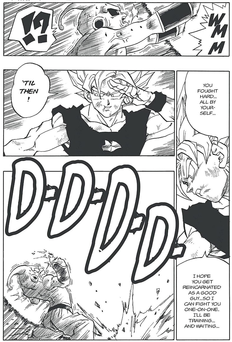 Goku puts an end to Majin Buu in Dragon Ball Chapter 322 "Battle's End!" (1995), Shueisha. Words and art by Akira Toriyama.