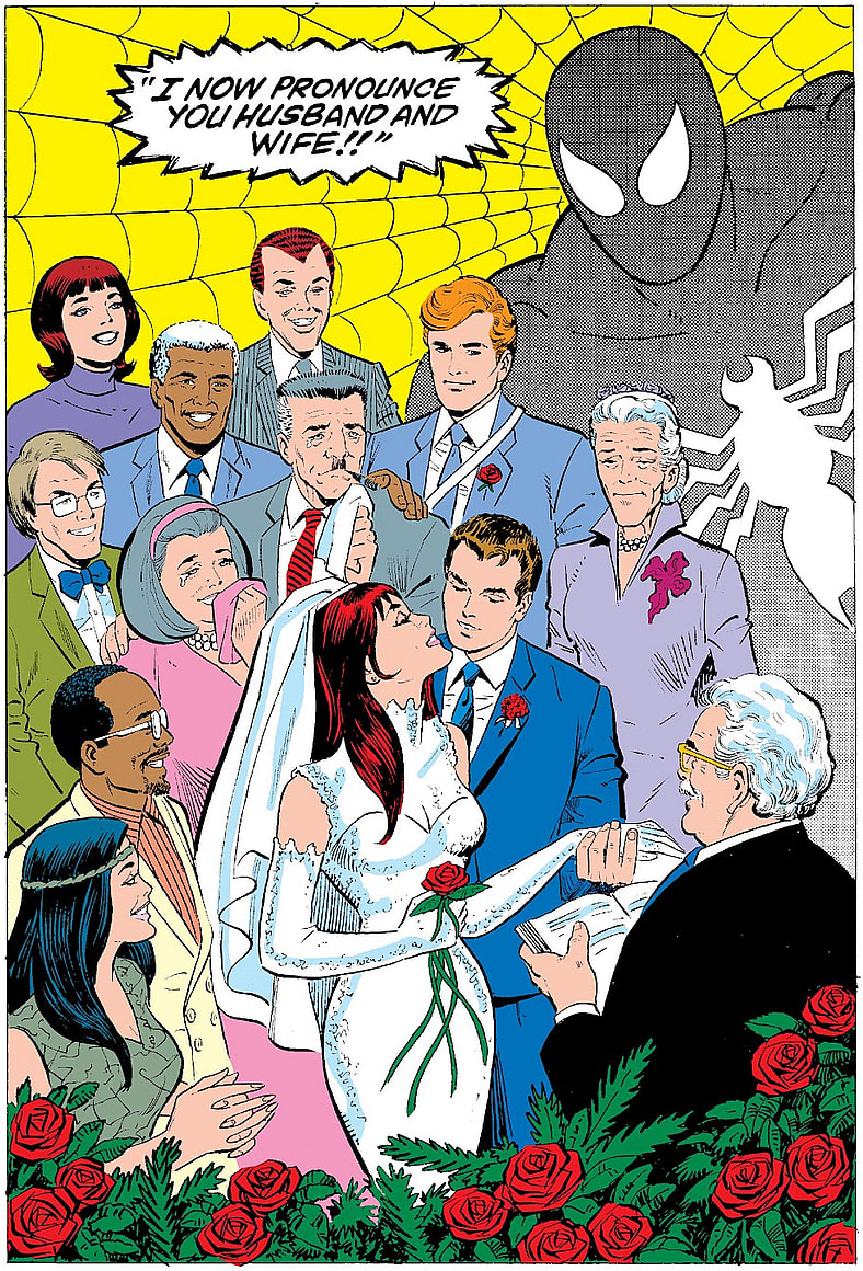 Peter and Mary-Jane tie the knot in Amazing Spider-man Annual Vol. 1 #21 cover art by John Romita Sr., words by Sholly Fisch.
