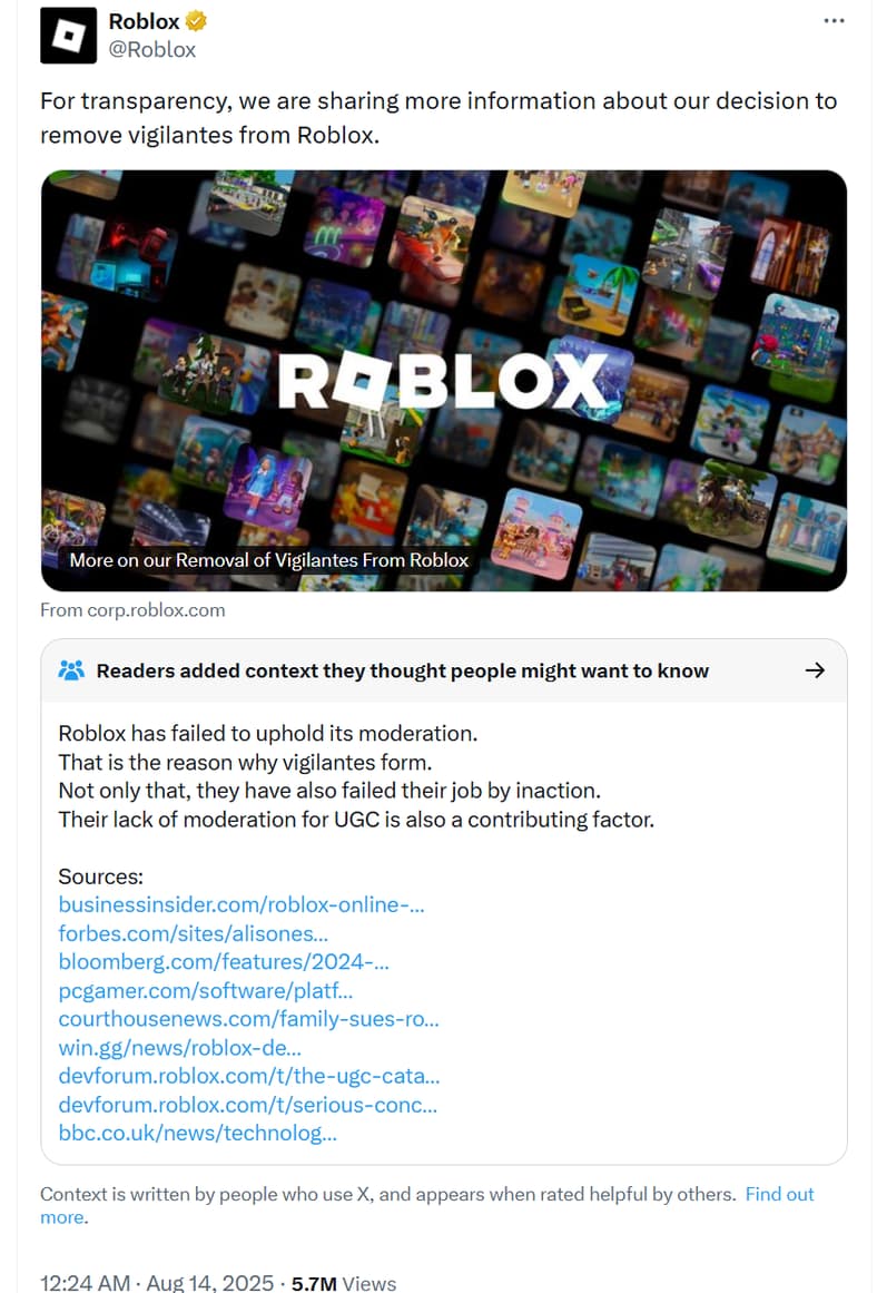 Roblox gets an X community note when discussing transparency on removing vigilantes.