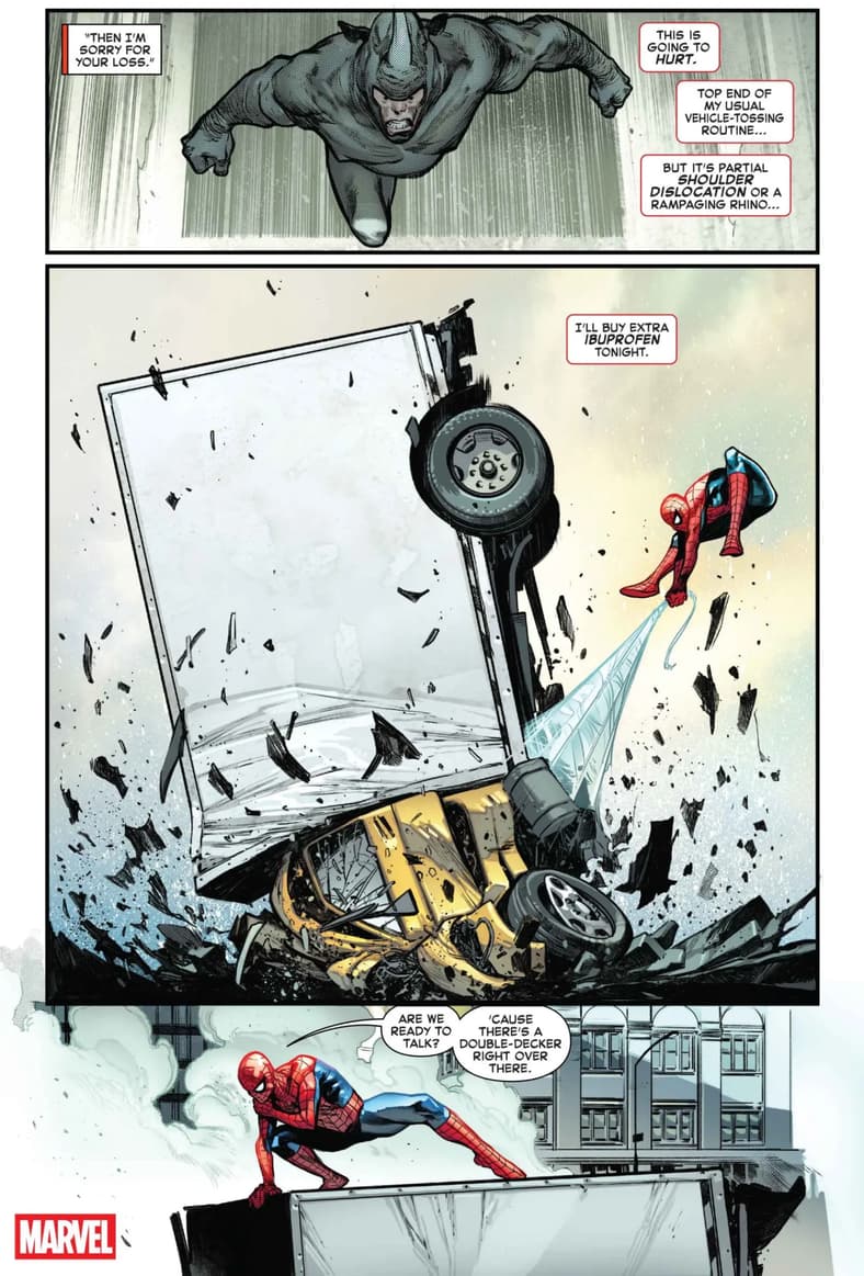 Peter gets desperate in trying to stop the Rhino in Amazing Spider-Man Vol. 7 #1 (2025), Marvel Comics. Words by Joe Kelly, art by Pepe Larraz and Marte Garcia.