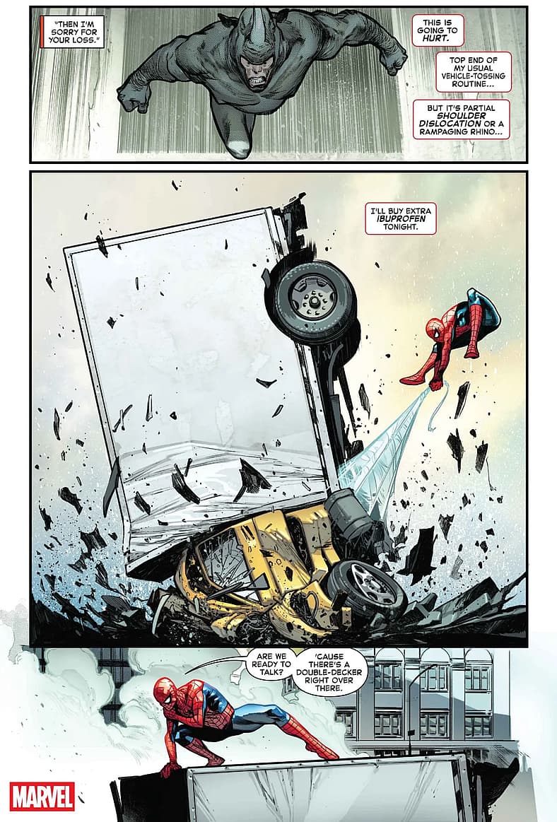 Peter gets desperate stopping the Rhino in Amazing Spider-Man Vol. 7 #1 (2025), Marvel Comics