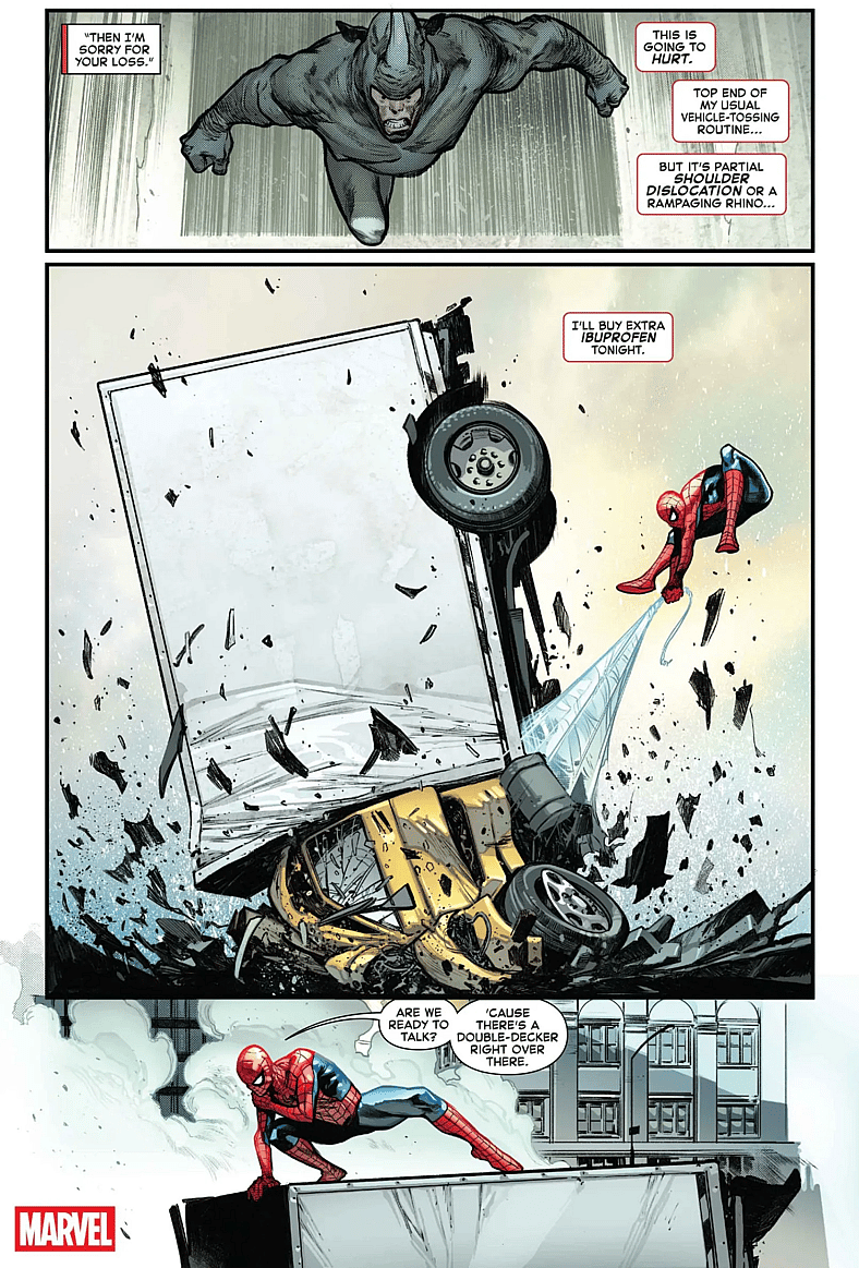 Peter gets desperate in trying to stop the Rhino in Amazing Spider-Man Vol. 7 #1 (2025), Marvel Comics. Words by Joe Kelly, art by Pepe Larraz and Marte Garcia.