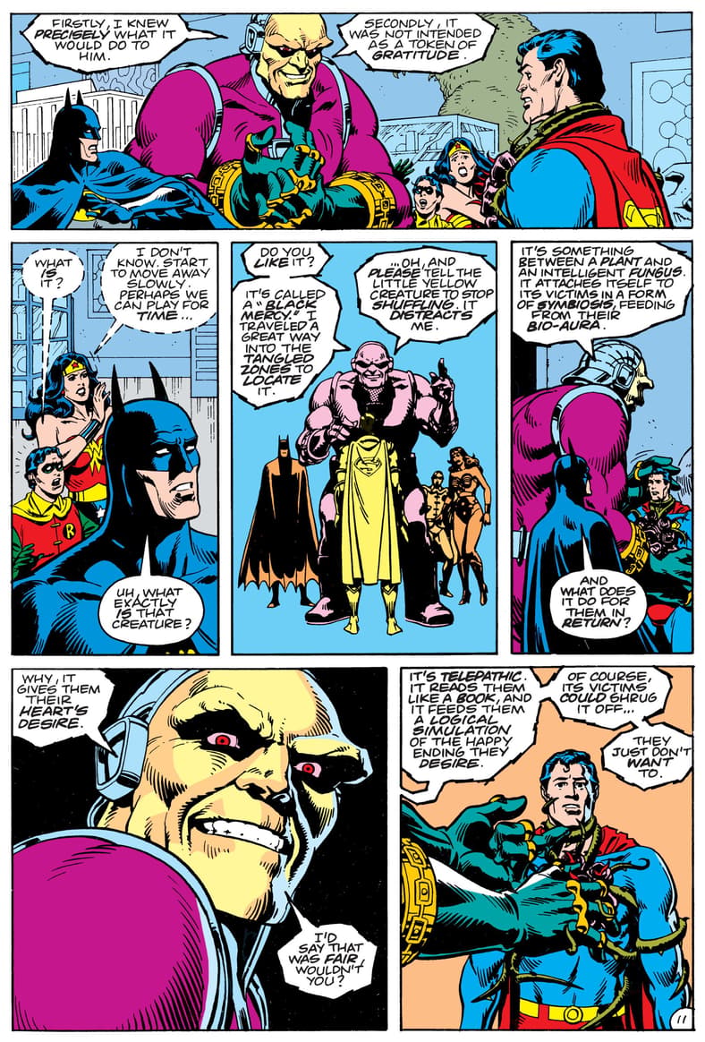 Mongul explains how the Black Mercy gives those affected a glimpse into their heart's desire in Superman Annual #11 "For the Man Who Has Everything" (1985), DC Comics. Words by Alan Moore, art by Dave Gibbons and Tom Ziuko.