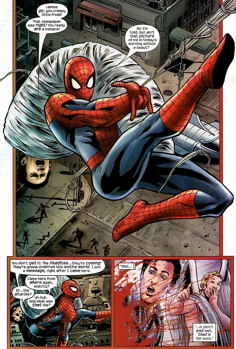 Spider-Man (HJudson Thames) saves Ash Williams from an undead crowd in Marvel Zombies/Army of Darkness Vol. 1 #1 "Earth's Mightiest Zero" (200&0, Marvel Comics. Words by John Layman, art by Fabiano Neves, June Chung, and Randy Gentile.
