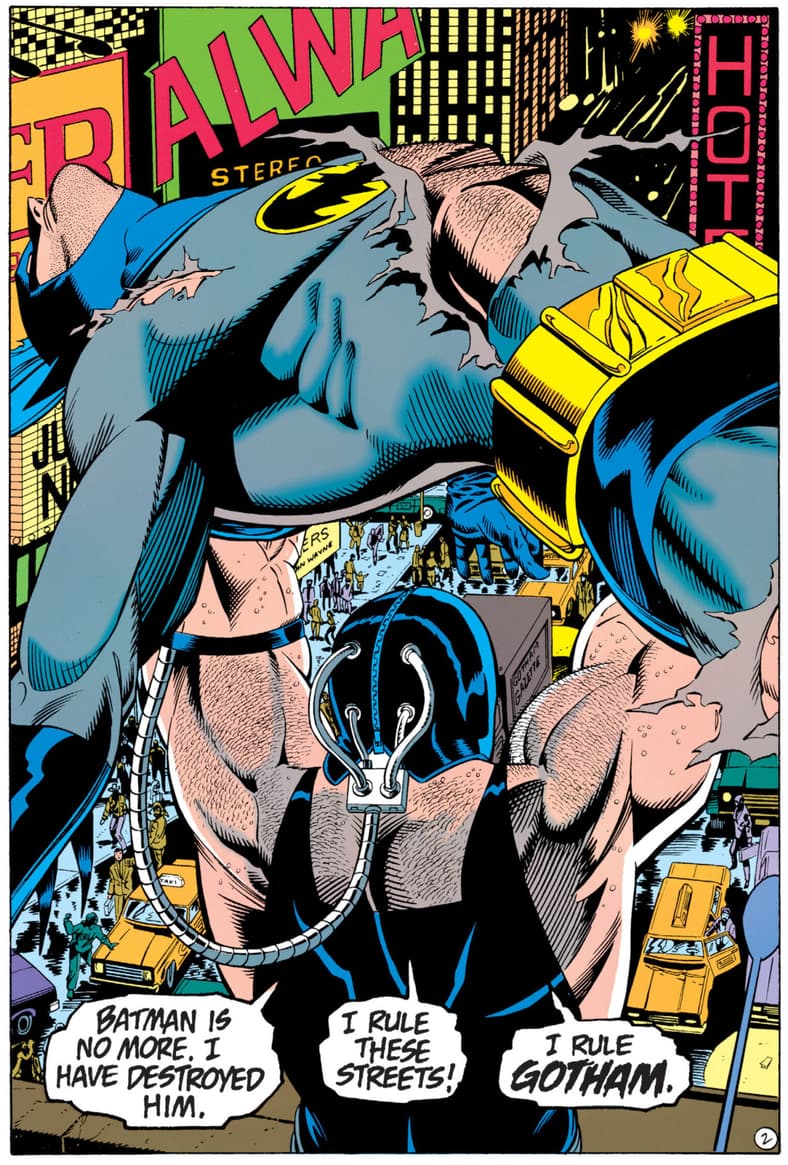 Bane presents Gotham with the back-broken body of Batman in Detective Comics Vol.1 Issue #664 'Who Rules the Night' (1993), DC Comics. Words by Chuck Dixon. Art by Graham Nolan, Scott Hanna, and Adrienne Roy.