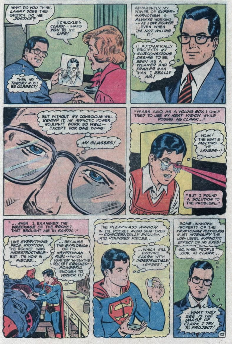 Clark Kent comes to realize just why his simple disguise has been so effective in Superman Vol. 1 #330 "The Master Mesmerizer of Metropolis!" (1978), DC. Words by Martin Pasko, art by Curt Swan, Frank Chiaramonte, Adrienne Roy, and Ben Oda.