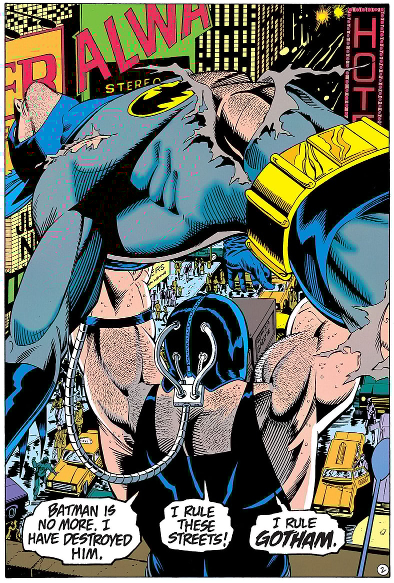 Bane presents Gotham with the back-broken body of Batman in Detective Comics Vol.1 Issue #664 'Who Rules the Night' (1993), DC Comics. Words by Chuck Dixon. Art by Graham Nolan, Scott Hanna, and Adrienne Roy.