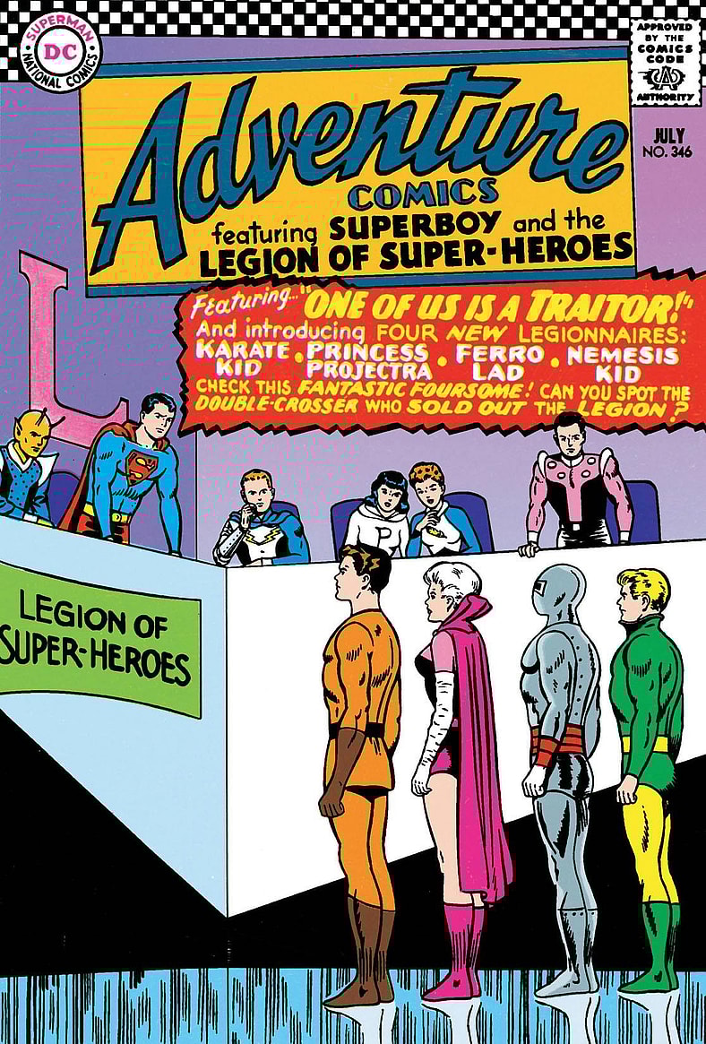 Superboy leads an inquisition of the Legion of Super-Heroes' ranks on Curt Swan and George Klein's cover to Jim Shooter's first ever professional work in Adventure Comics Vol. 1 #346 "One of Us Is a Traitor!" (1966), DC