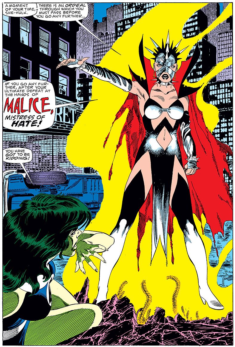 Malice overtakes the mind of Sue Storm in Fantastic Four Vol. 1 #280 "Tell Them All They Love Must Die" (1985), Marvel Comics. Words by John Byrne, art by John Byrne, Jerry Ordway, Glypis Oliver, and John Workman.