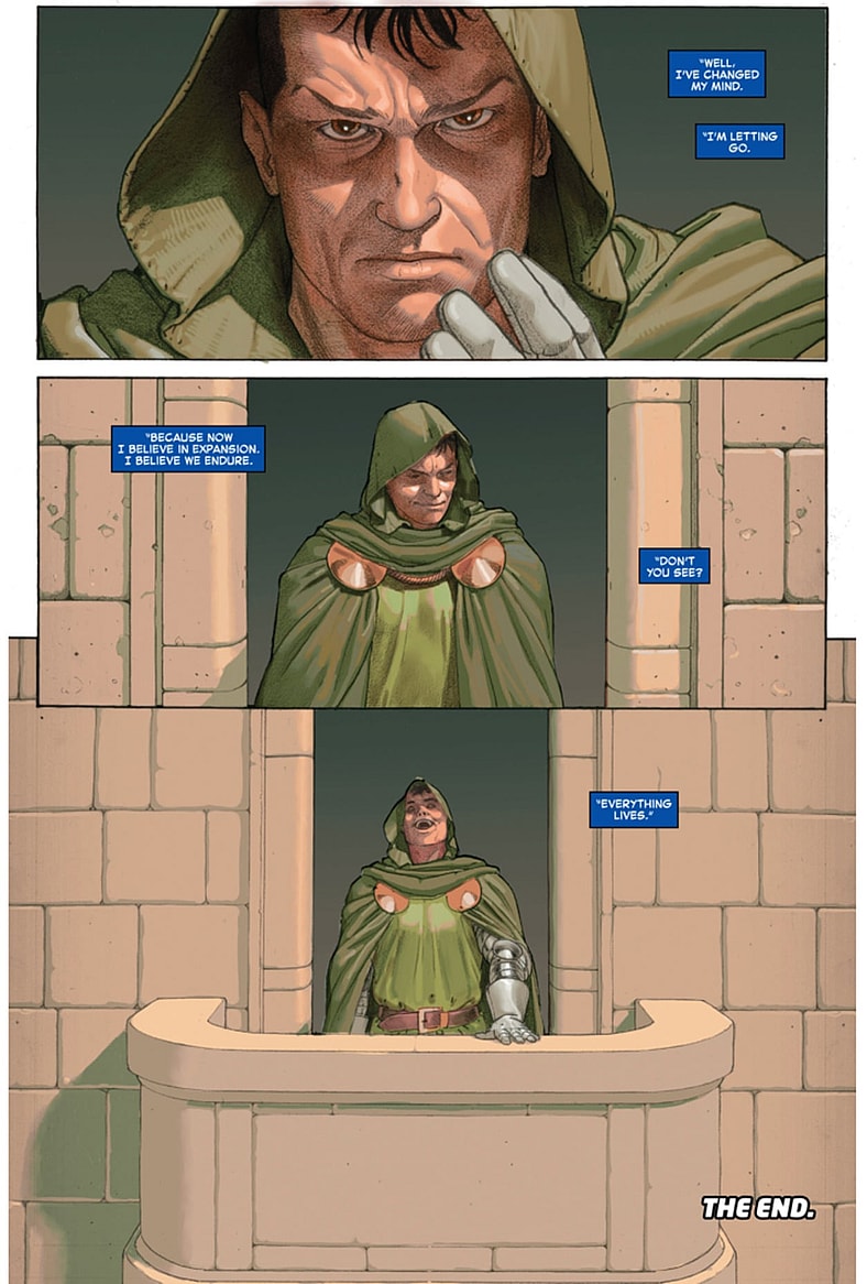 Doctor Doom smiling on the balcony after Mr. Fantastic healed his face in Secret Wars Vol.1 Issue #6 "We Raise Them Up... Just So We Can Pull Them Down" (2015), Marvel Comics. Words by Jonathan Hickman, art by Esad Ribić.