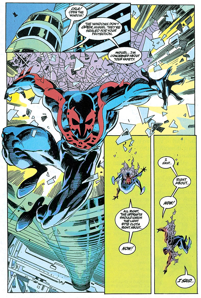 Miguel O'Hara dons his suit for the first time in Spider-Man 2099 Vol. 1 #1 (1992), Marvel Comics. Words by Peter David, art by RIck Leonardi, Al Williamson, Noelle Giddings, and Rick Parker.