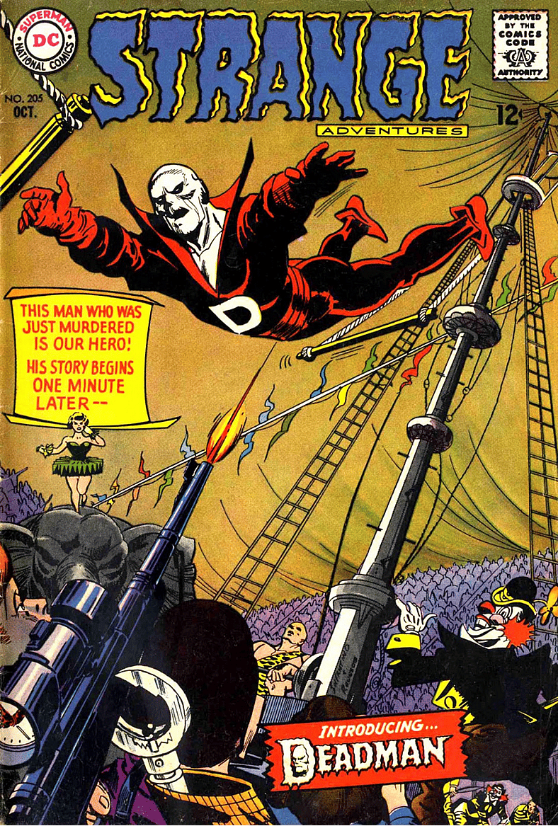 Boston Brand makes a literal death-defying leap on Arnold Drake's cover to Strange Adventures Vol. 1 #205 "Deadman: Who Has Been Lying in My Grave? (1967), DC