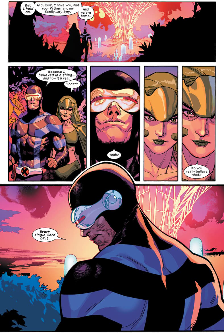 Cyclops shares his confidence in Krakoa with Polaris in X-Men Vol. 5 #1 "Pax Krakoa" (2021), Marvel Comics. Words by Jonathan Hickman, art by Lenil Francis Yu, Gerry Alanguilan, Sunny Gho, and Clayton Cowles.