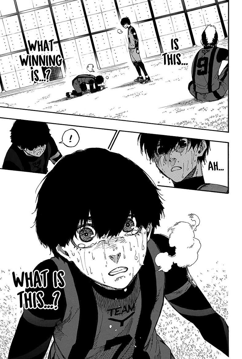 Isagi gets his first taste of true victory in Blue Lock Chapter 13 "The One to be Reborn" (2018), Kodansha. Words by Muneyuki Kaneshiro, art by Yusuke Nomura.