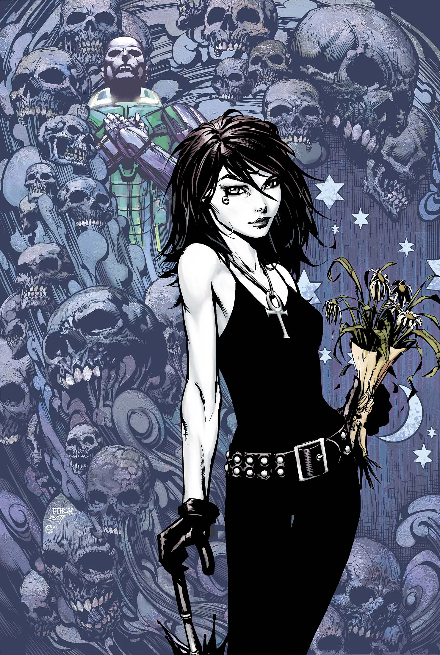 Death holds a bouquet of dead flowers atop a chilling background full of skulls on Action Comics