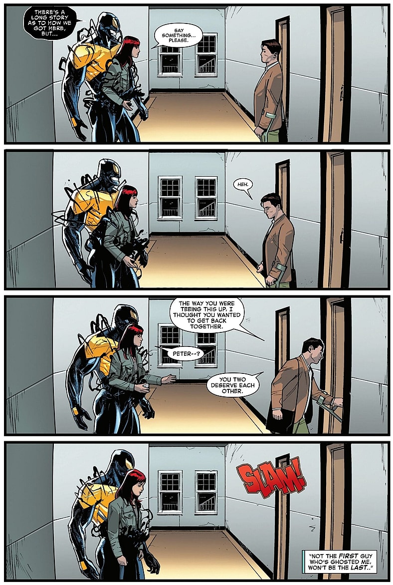 Peter Parker - in reality, Ben Reilly - tells off Mary-Jane and Venom in Amazing Spider-Man Vol. 7 #9 (2025), Marvel Comics. Words by Joe Kelly, art by Michael Dowling, Marte Garcia, and Joe Caramagna.