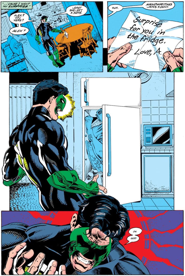 Kyle Rayner discovers Alex DeWitt's mutilated corpse stuffed into her fridge, courtesy of Major Force, in Green Lantern Vol. 3 #54 "Forced Entry" (1994), DC. Words by Ron Marz, art by Steve Carr, Derec Donovan, Darryl Banks, Romeo Tanghal, Steve Mattson, and Albert DeGuzman.