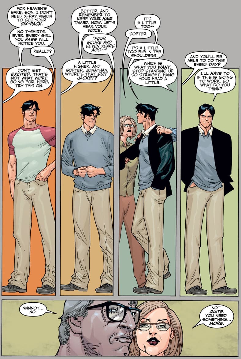 Clark Kent gets some fashion tips from Ma and Pa Kent in Superman: Birthright Vol. 1 #3 "A Legacy Reborn" (2003), DC. Words by Mark Waid, art by Lenil Francis Yu, Gerry Alanguilan, and Dave McCaig.
