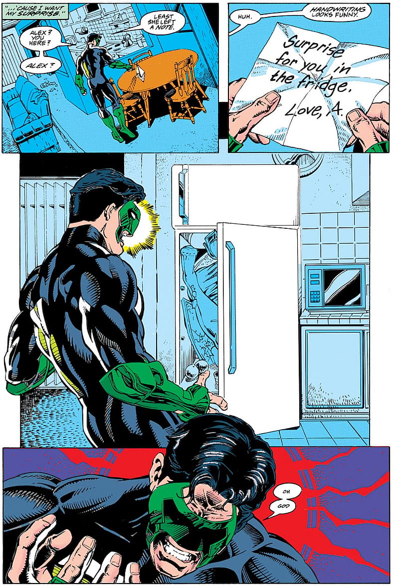Kyle Rayner discovers Alex DeWitt's mutilated corpse in her fridge in Green Lantern Vol. 3 #54
