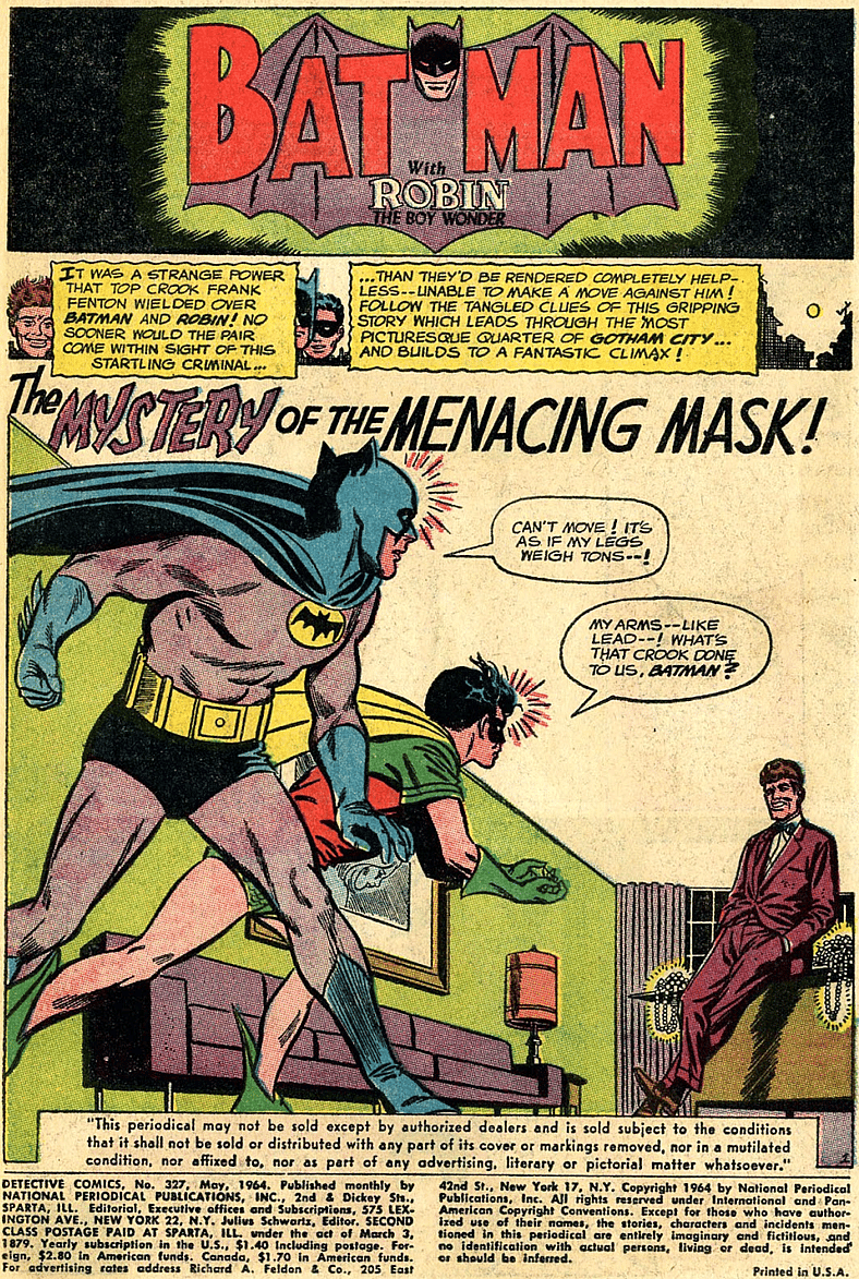 The Batman of Earth-1 makes his Post-Crisis debut in Detective Comics Vol. 1 #327 "The Mystery of the Menacing Mask!" (1964), DC. Words by John Broome, art by Carmine Infantino, Joe Giella, and Gaspar Saladino.