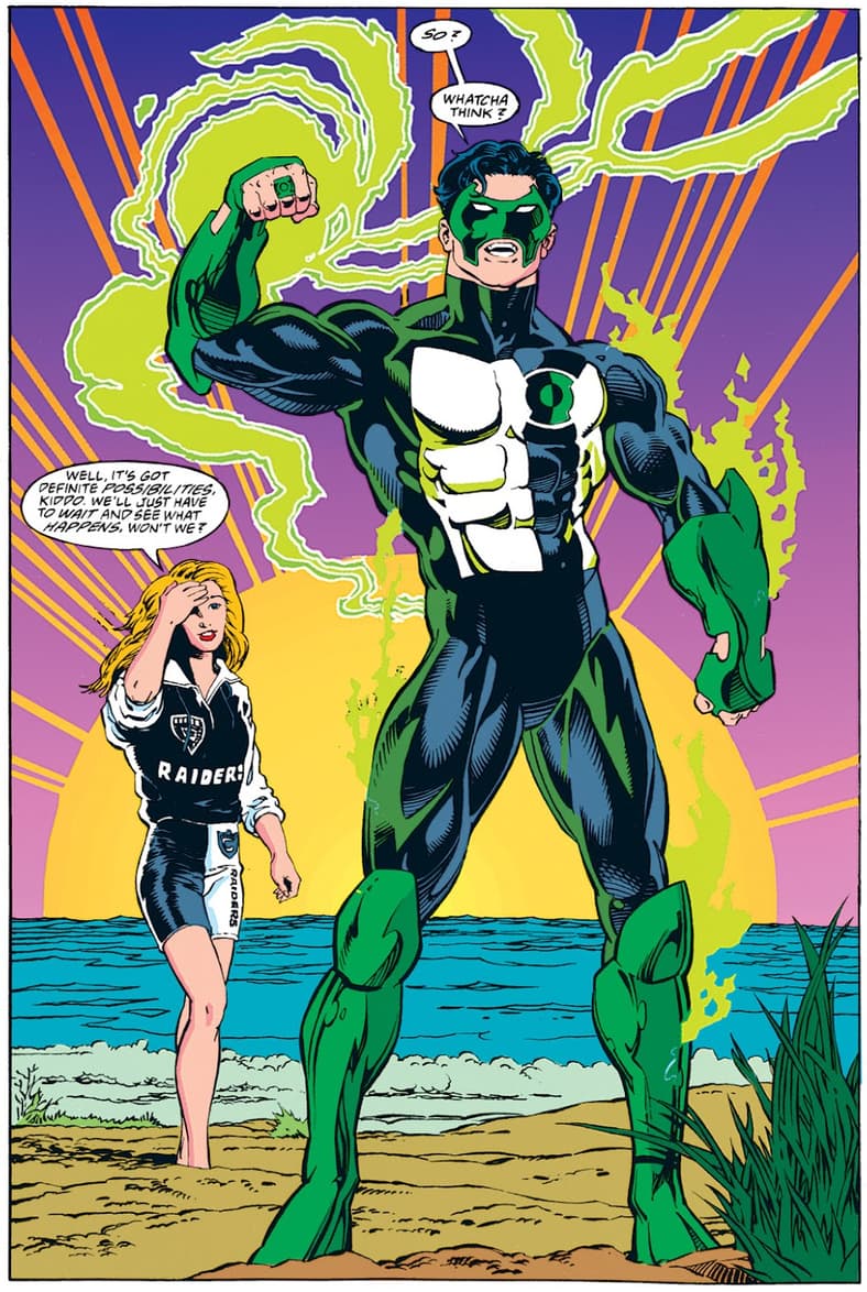 Kyle Rayner shows Alex DeWitt his new threads in Green Lantern Vol. 3 #51 "Changing the Guard" (1994), DC. Words by Ron Marz, art by Darryl Banks, Romeo Tanghal, Steve Mattsson, and Albert DeGuzman.
