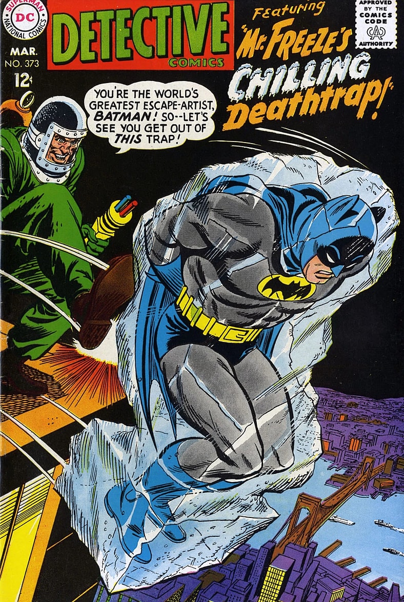 Mr. Freeze (Mr. Zero) traps Batman in a block of Ice on Irv Novick and Ira Schnapp's cover to Detective Comics Vol.1 Issue #373 "Mr. Freeze's Chilling Deathtrap!" (1968), DC Comics