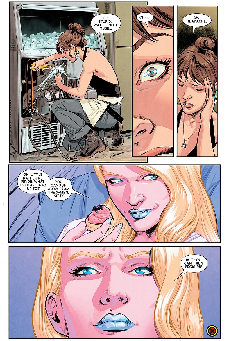 Emma Frost locates Kitty Pryde following the fall of Krakoa in Exceptional X-Men Vol. 1 #1 (2024), Marvel Comics. Words by Eve Ewing, art by Carmen Caernero, Nolan Woodard, and Joe Sabino.