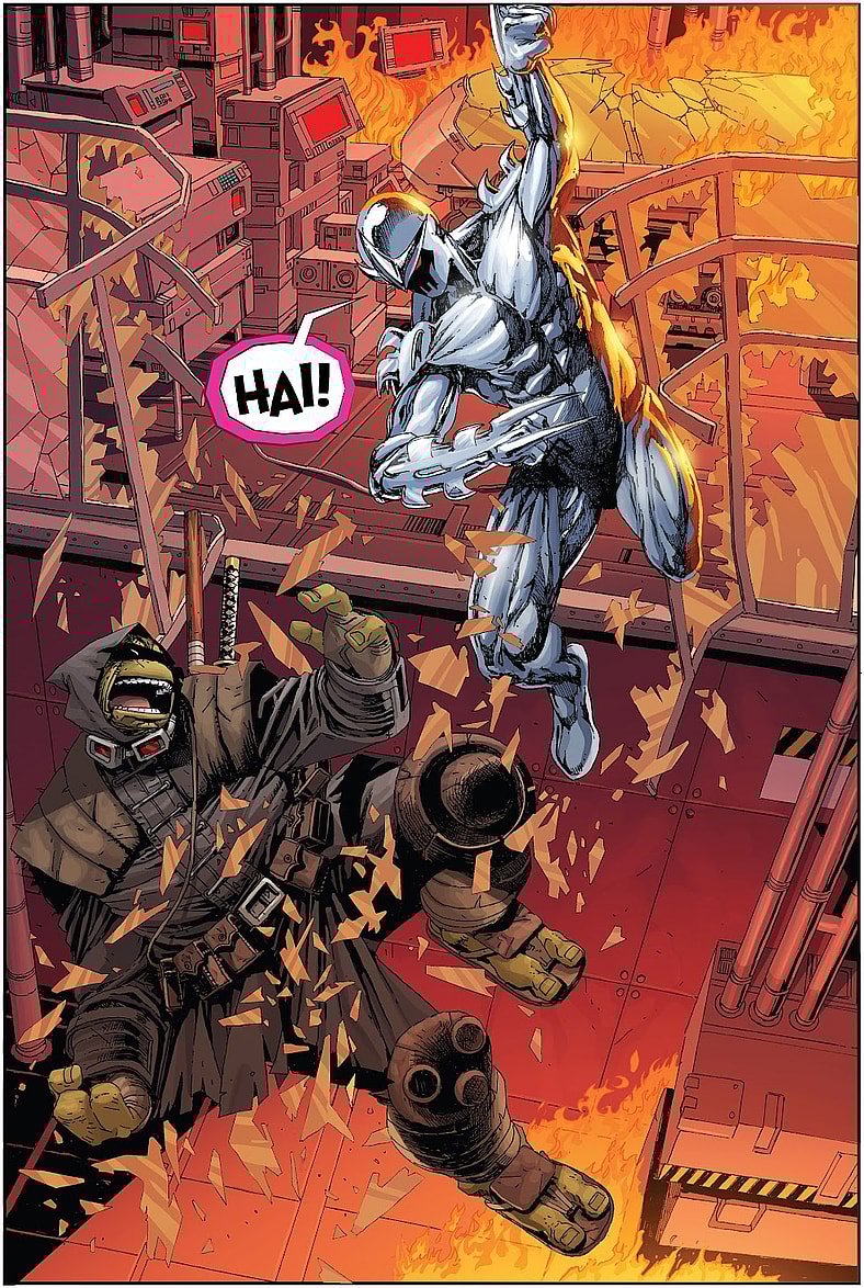 The Orokou and Hamato clans begin their final battle in Teenage Mutant Ninja Turtles: The Last Ronin Vol. 1 #5 The Last Ronin" (2022), IDW Comics. Words by Kevin Eastman, Peter Laird, and Tom Waltz, art by Esau Escorza, Isaac Escorza, Luis Antonio Delgado, and Ronda Pattinson.