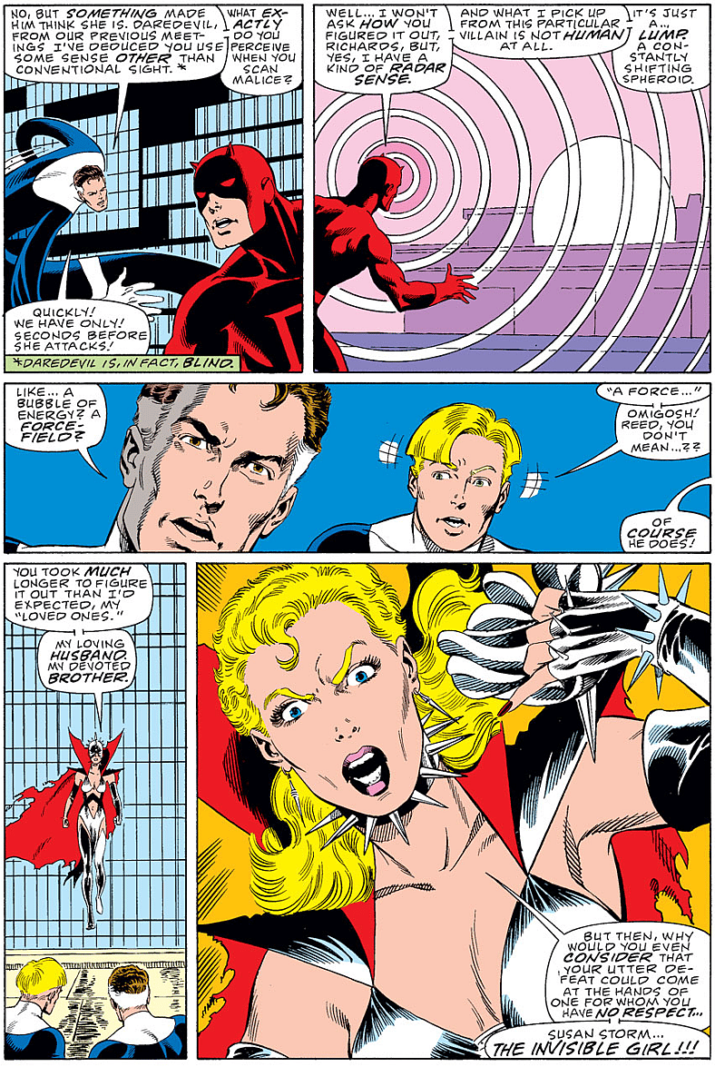 Malice reveals her true identity in Fantastic Four Vol. 1 #281 "With Malice Towards All!" (1985), Marvel Comics. Words by John Byrne, art by John Byrne, Jerry Ordway, Glypis Oliver, and John Workman.