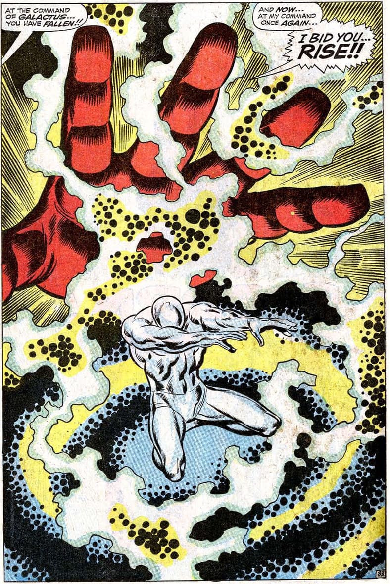 Norrin Radd is reborn by Galactus' hand in Silver Surfer Vol. 1 #1 "Origin of the Silver Surfer!" (1968), Marvel Comics. Words by Stan Lee, art by John Buscema, Joe Sinnott, Bill Everett, and Sam Rosen. 