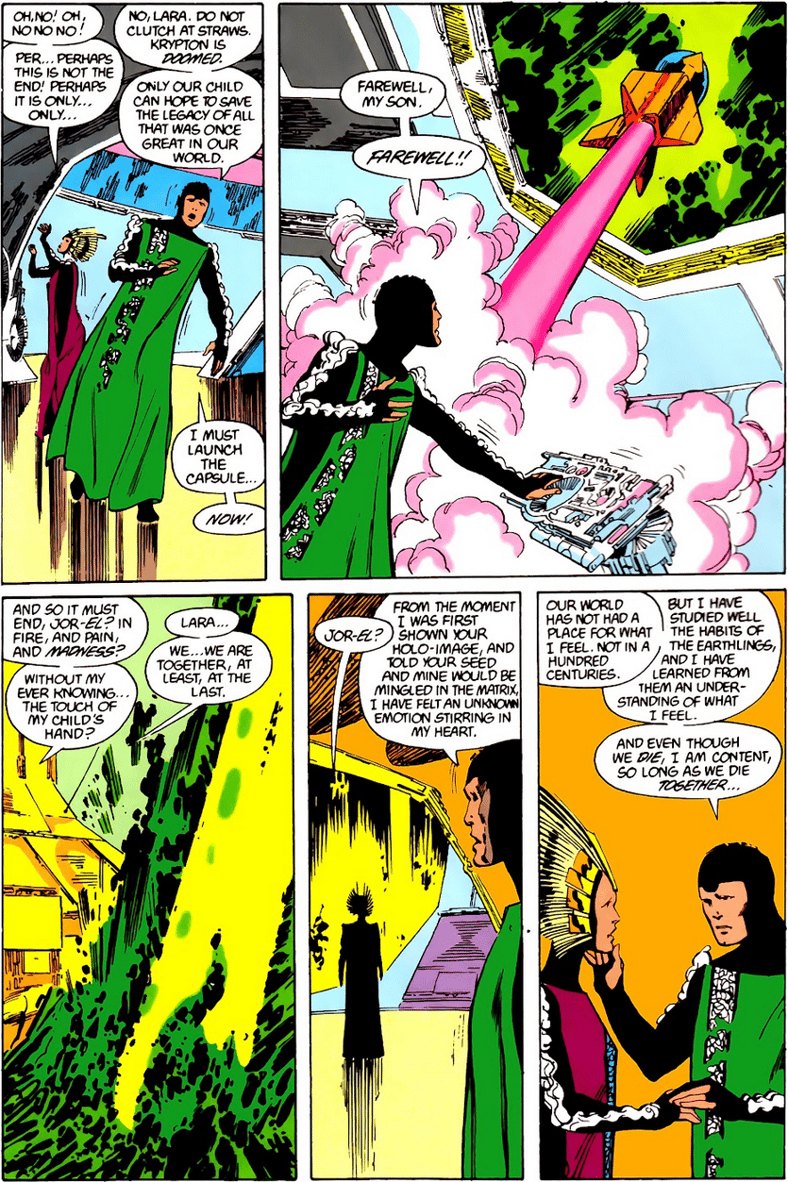 Jor-El and Lara Lor-Van save Kal-El from Krypton's destruction in The Man of Steel Vol. 1 #1 "From Out the Green Dawn" (1986), DC. Words by John Byrne, art by John Byrne, Dick Giordano, Tom Ziuko, and John Costanza.