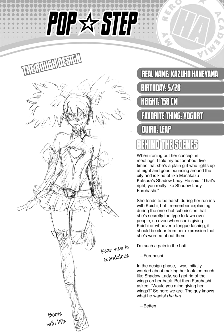 Hideyuki Furuhashi and Betten Court break down Pop☆Step's design in My Hero Academia: Vigilantes Volume 1 "I'm Here" (2018), Shueisha