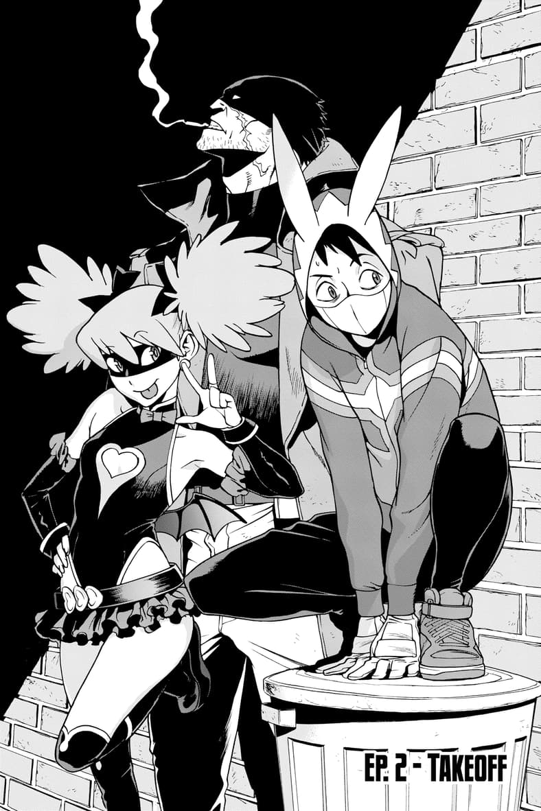 Knuckleduster, The Crawler, and Pop☆Step patrol the streets on Betten Court's cover page to My Hero Academia: Vigilantes Chapter 2 "Takeoff" (2016), Shueisha