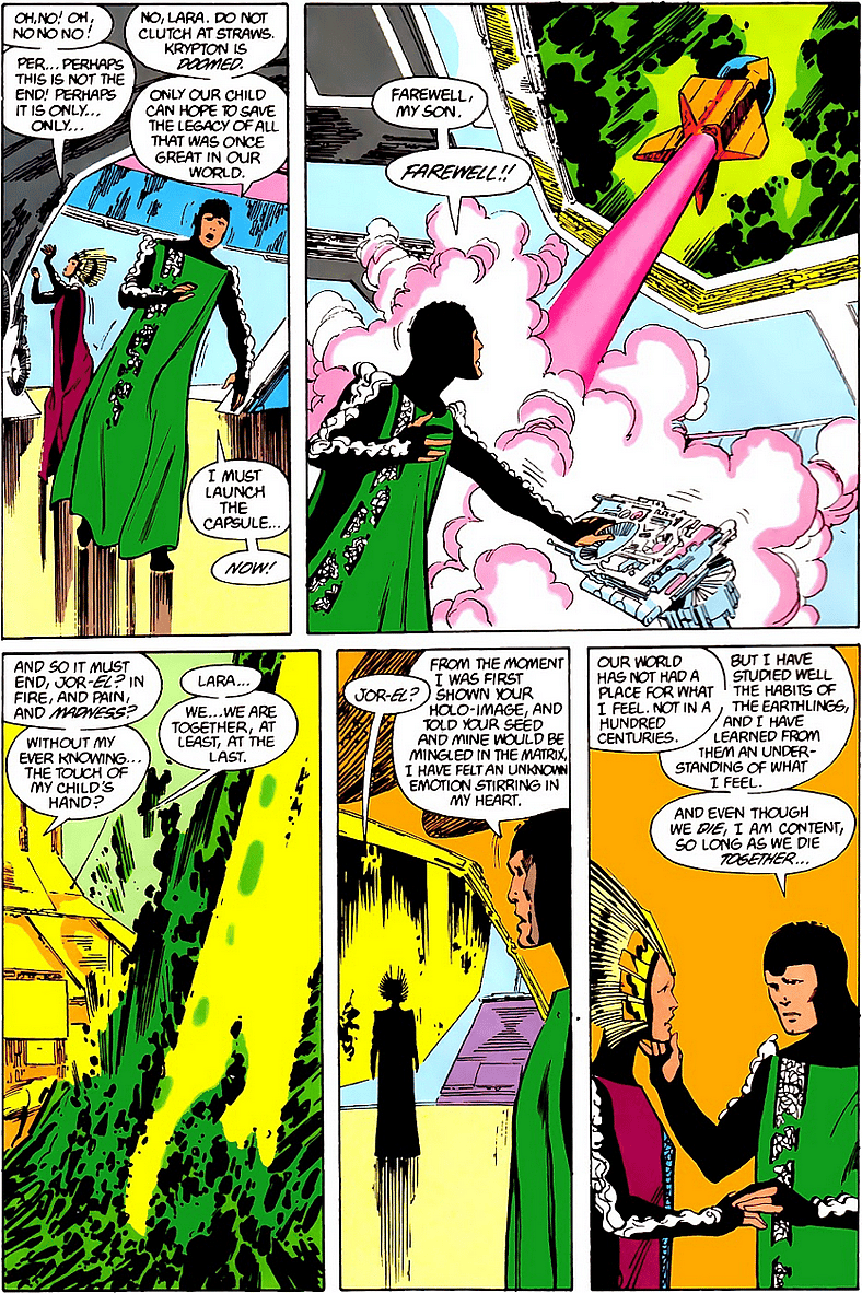 Jor-El and Lara Lor-Van save Kal-El from Krypton's destruction in The Man of Steel Vol. 1 #1 "From Out the Green Dawn" (1986), DC. Words by John Byrne, art by John Byrne, Dick Giordano, Tom Ziuko, and John Costanza.