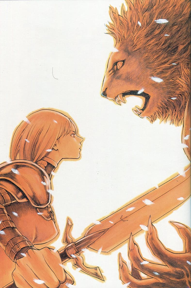 Clare takes on Rigardo in Claymore Memorabilia (2010), Shueisha