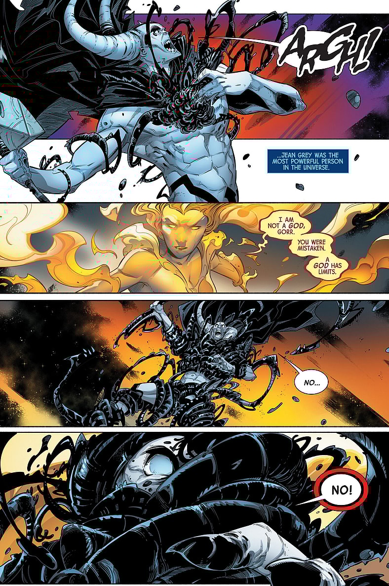 Jean Grey decides to put a decisive end to Gorr the God Butcher in Phoenix Vol. 1 #5 (2024), Marvel Comics. Words by Stephanie Phillips, art by Alessandro Miracolo, Marco Renna, and David Curiel.