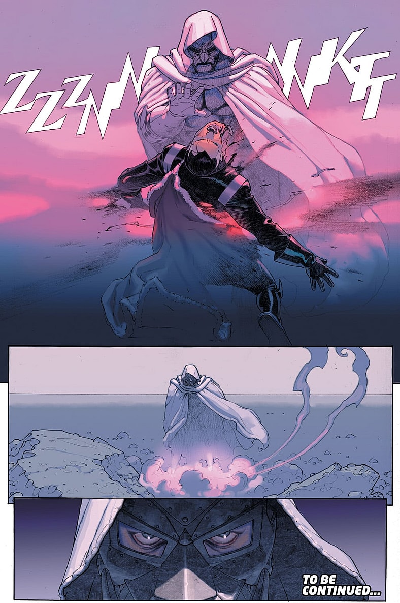 God Emperor Doom strikes Doctor Strange causing him to disintegrate in Secret Wars Vol.1 Issue #4 "All the Angels Sing, All the Devils Dance" (2015), Marvel Comics. Words by Jonathan Hickman, art by Esad Ribic.