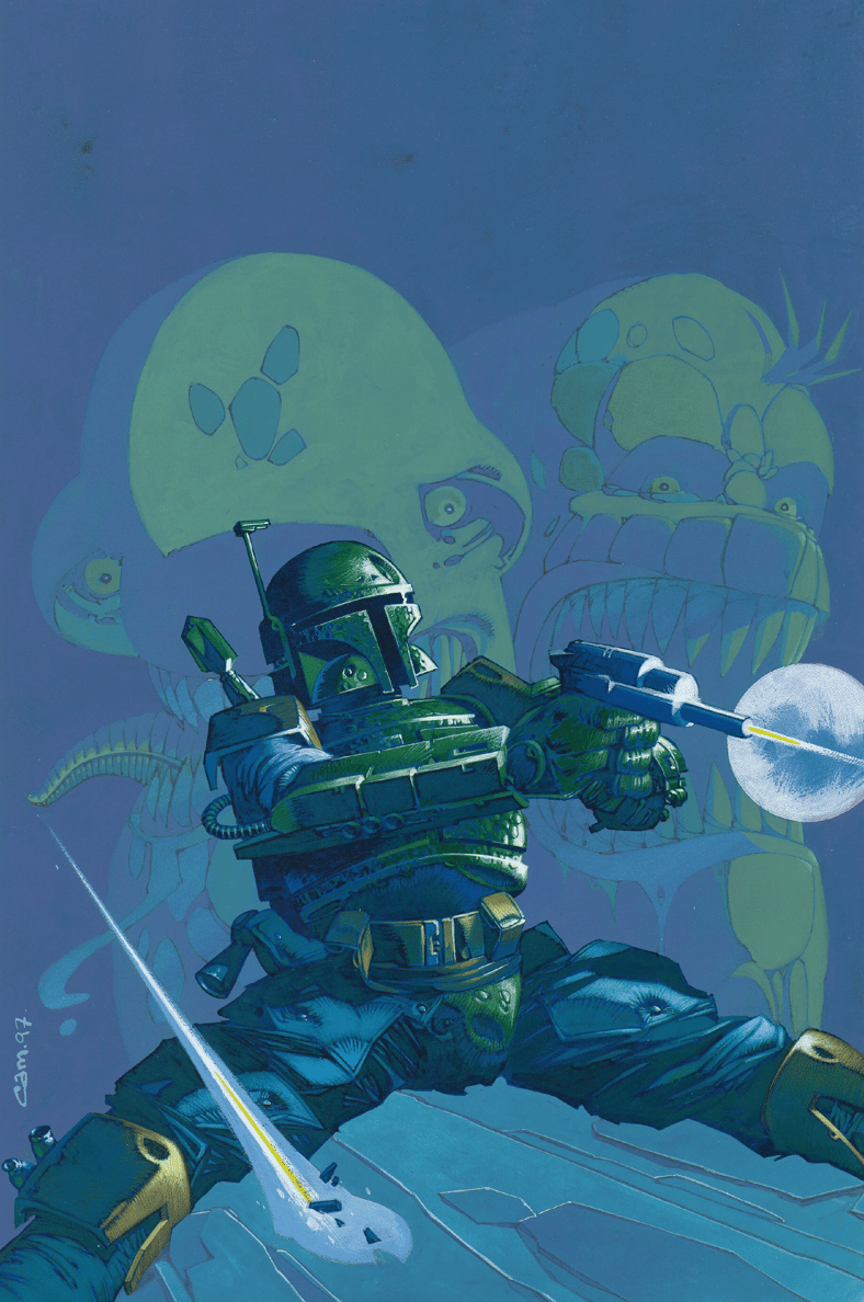 Boba Fett lets loose on Cam Kennedy's cover to Boba Fett: Death, Lies, & Treachery (1998), Dark