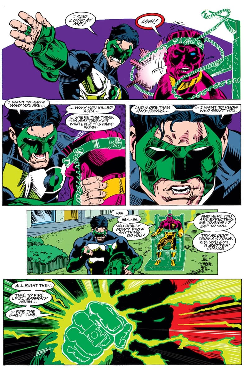 Kyle Rayner demands answers from Major Force regarding this killing of Alex DeWitt in Green Lantern Vol. 3 #55 "Assault & Battery" (1994), DC. Words by Ron Marz, art by Darryl Banks, Derec Donovan, Craig Hamilton, Romeo Tanghal, Steve Mattson, and Albert DeGuzman.
