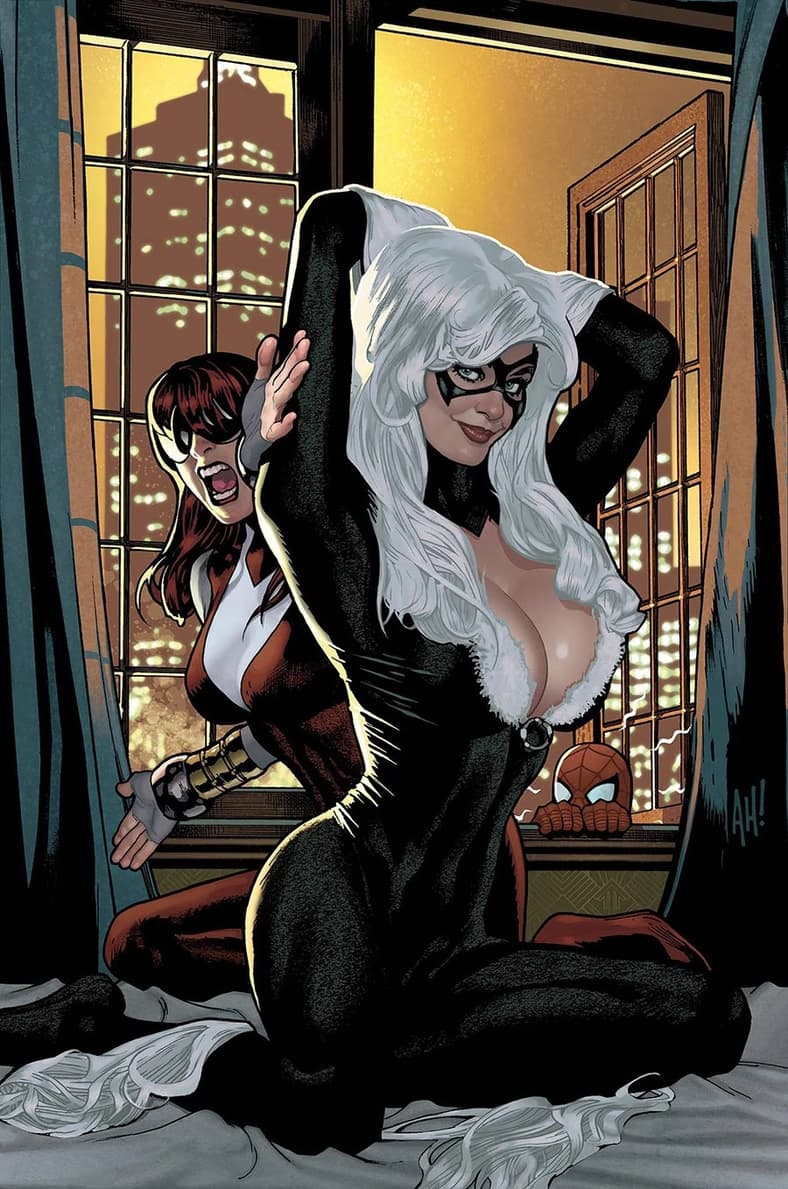 Black Cat and Jackpot battle for the spotlight on Adam Hughes' variant cover to Amazing Spider-Man Vol. 6 #60 (2024), Marvel Comics