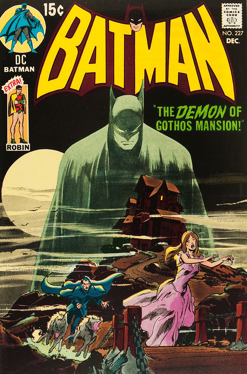 Elder Heathrow chases Daphne Pennyworth on Neal Adams' cover to Batman Vol. 1 #227 (1970), DC