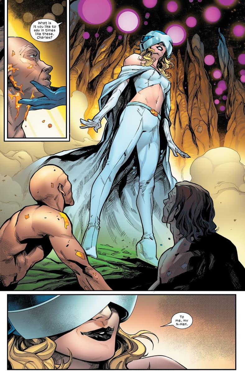 Emma Frost oversees the resurrection of Magneto and Professor X in Inferno Vol. 2 #4 "The Death of Moira X" (2022), Marvel Comics. Words by Jonathan Hickman, art by Valerio Schiti, Stefano Caselli, David Curiel, and Joe Sabino.