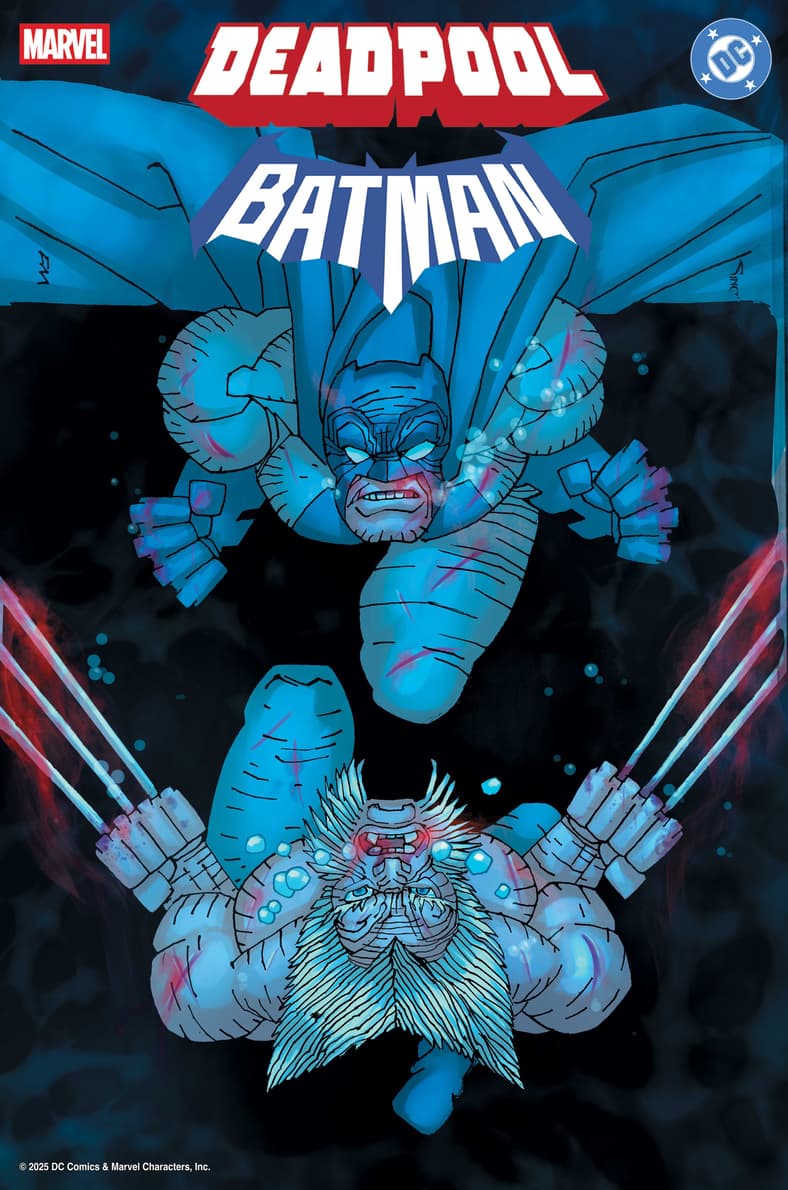 The Dark Knight Returns to brawl with Old Man Logan on Frank Miller's variant cover to Batman/Deadpool Vol. 1 #1 (2025), DC/Marvel Comics