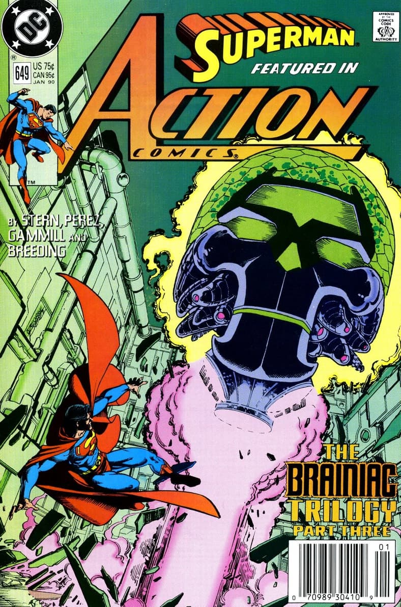 Brainiac's Skull Ship attempts to escape Earth in Action Comics Vol.1 #649 "Man and Machine" (1990), DC Comics. Words by Roger Stern. Art by George Pérez, Kerry Gammill, Brett Breeding, and Glenn Whitmore.