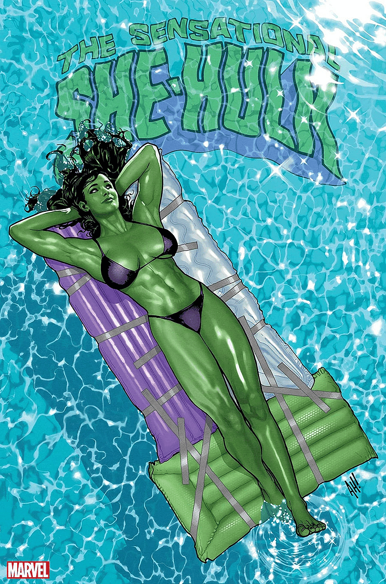 The Jade Giantess catches some rays on Adam Hughes' foil variant cover to Sensational She-Hulk Vol. 2 #1 "Jen-Sational!" (2023), Marvel Comics