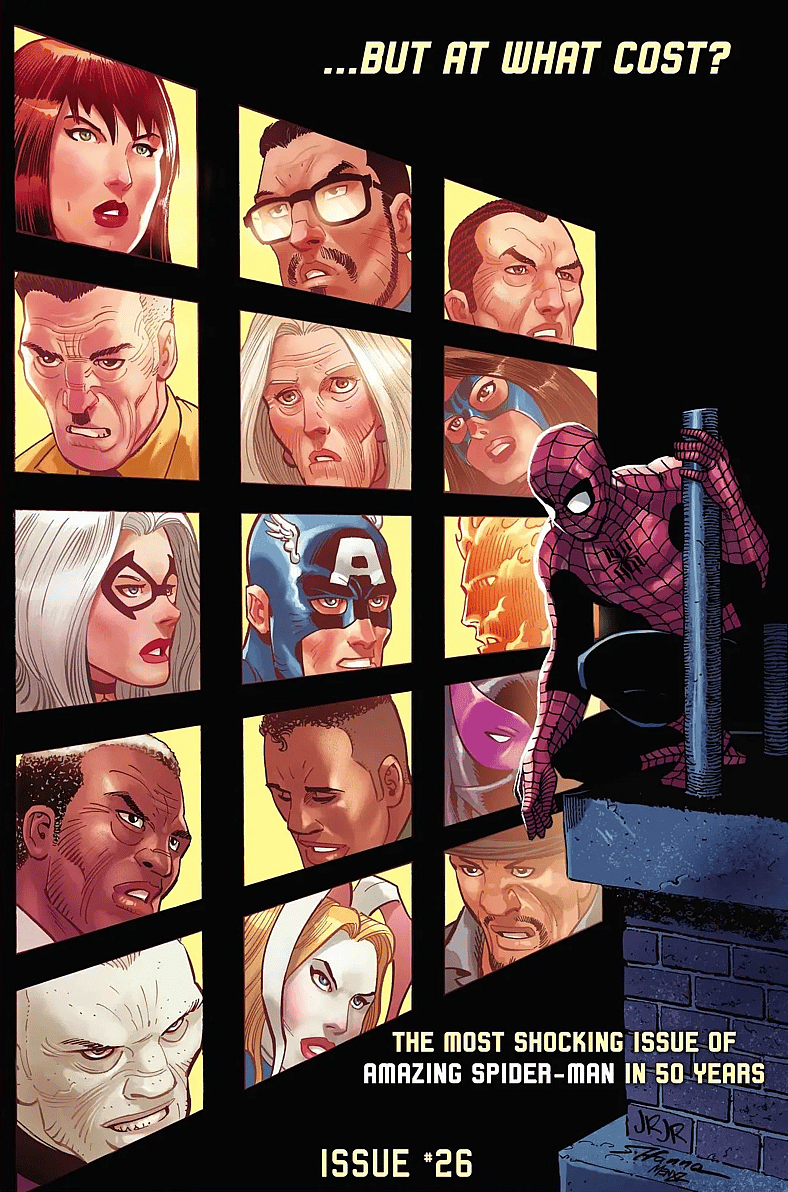 Spider-Man surrounded by friends on John Romita Jr.'s cover to Amazing Spider-Man Vol. 6 #26