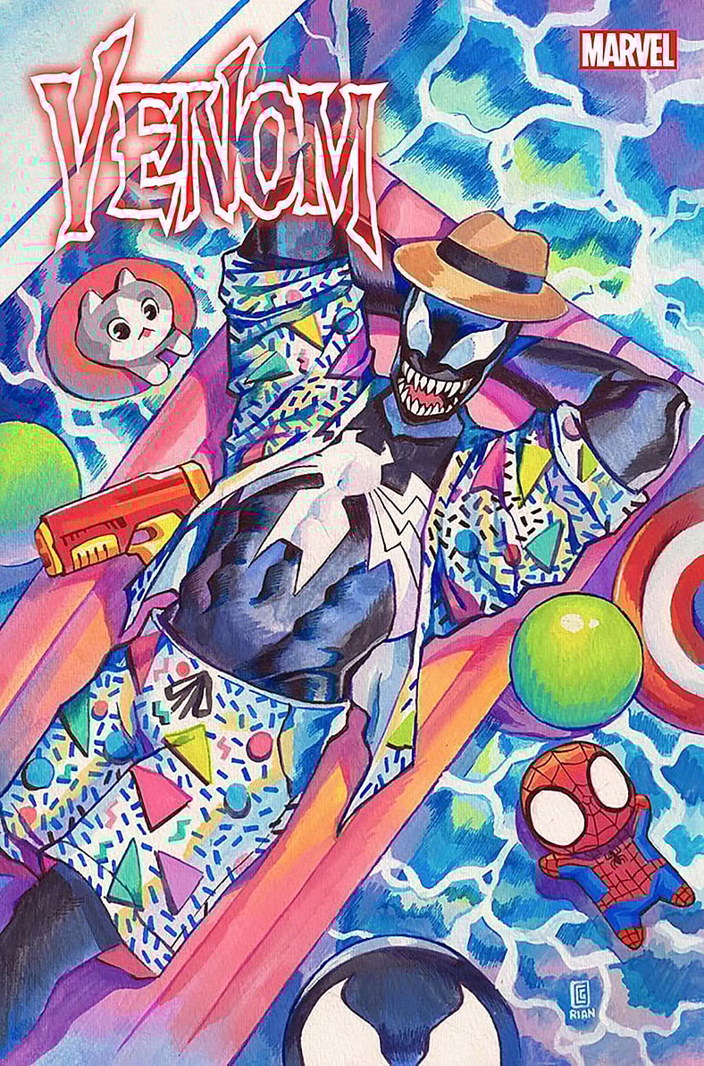 A certain Lethal Protector enjoys some pool time on Rian Gonzales' variant cover to Venom Vol. 5 #26 "State of Grace, Part One" (2023), Marvel Comics