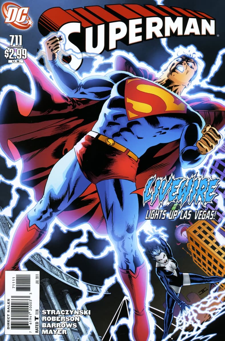 Livewire poses a threat for The Man of Steel in Superman Vol.1 #711 "Grounded: Part Nine" (2011) , DC Comics. Words by J. Michael Straczynski and Chris Roberson. Art by Eddy Barrows, J.P. Mayer, and Rod Reis.