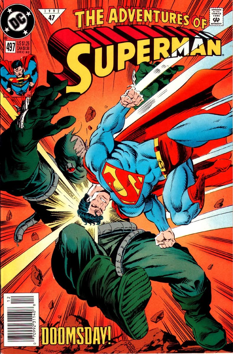 The battle for the ages between The Man of Steel and Doomsday has just begun in The Adventures of Superman Vol.1 #497 "Under Fire" (1992), DC Comics. Words by Jerry Ordway. Art by Tom Grummett, Doug Hazlewood, and Glenn Whitmore.