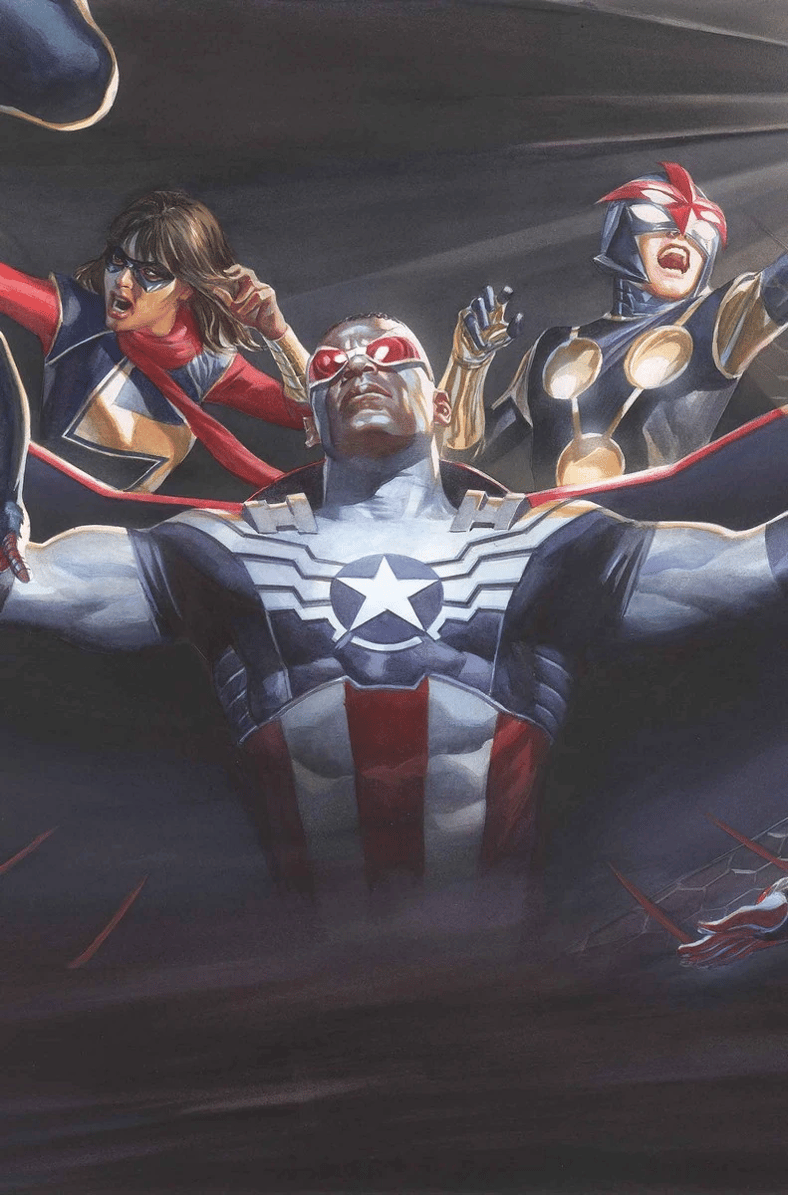 Kamala Khan, Sam Wilson, and Sam Alexander assemble on Alex Ross' cover to All-New, All-Different Avengers Annual Vol. 1 #1 (2016), Marvel Comics